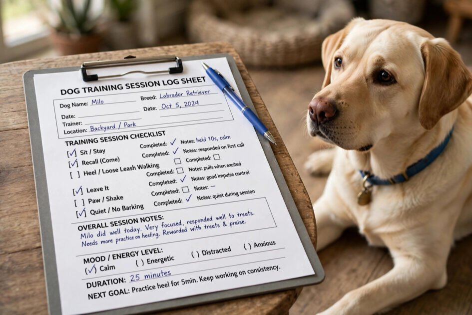 Printable dog training session log sheet on a clipboard with checkboxes, a pen, and a labrador retriever nearby