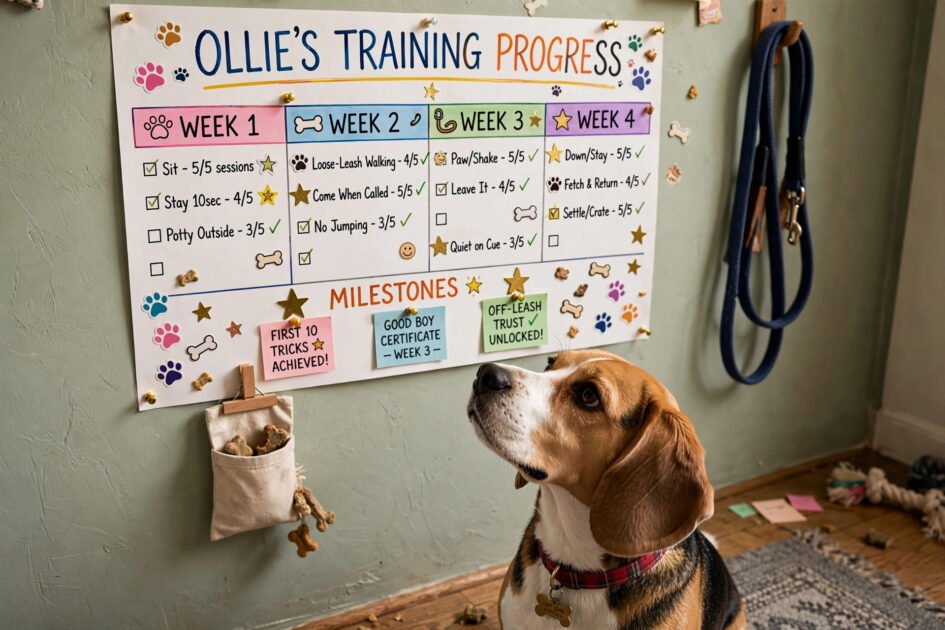 Colorful dog training progress tracker chart with stickers and milestone stars pinned on a wall, a beagle looking up at it