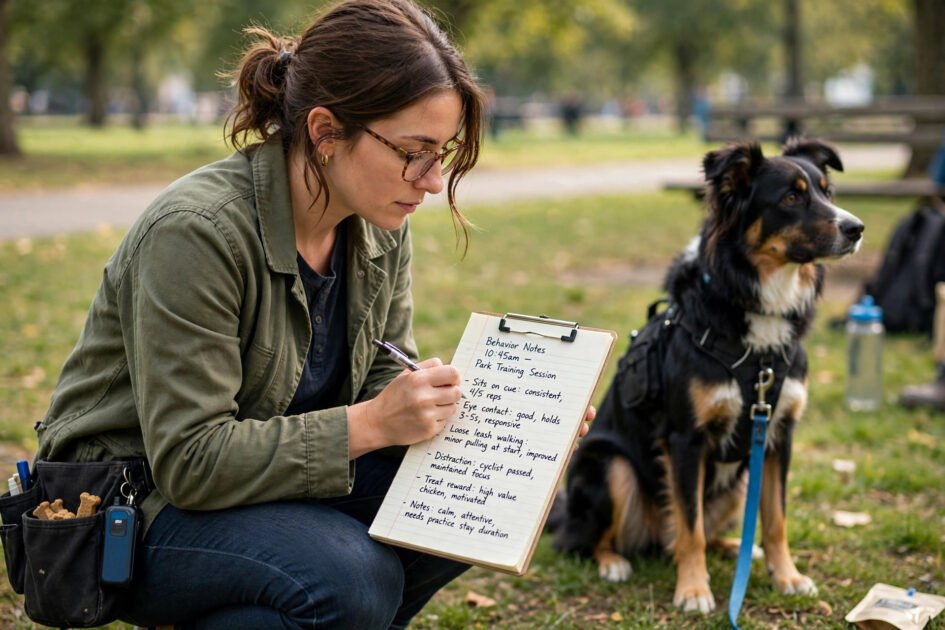Person taking behavior notes on a notepad while observing a dog during a training session at a park