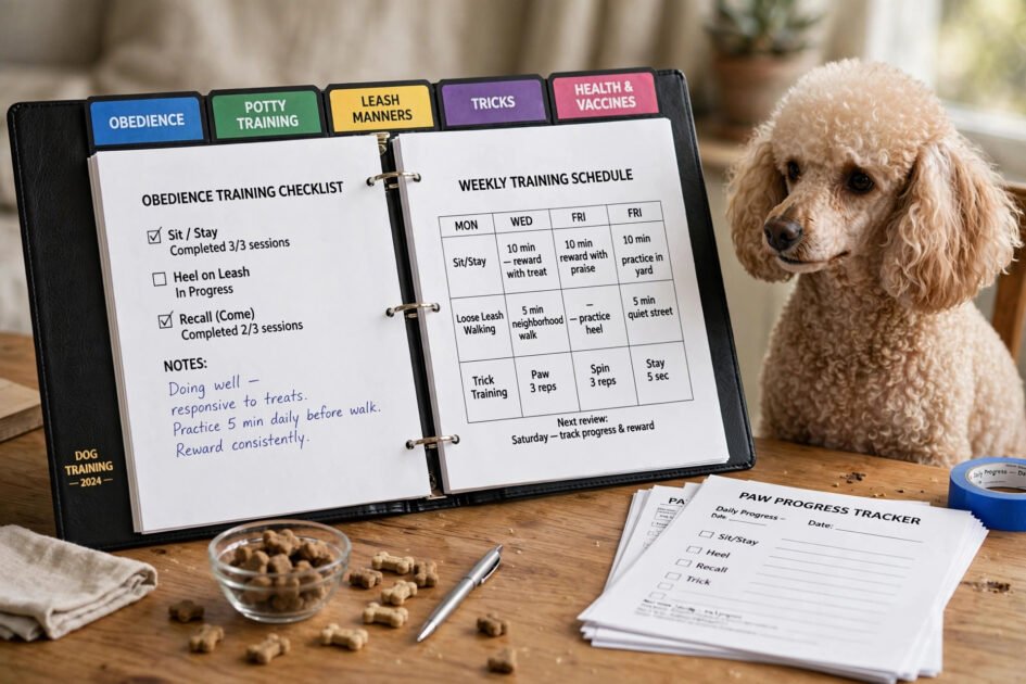 Neatly organized dog training binder with labeled dividers, printable pages, and treats on a desk, a poodle sitting next to it