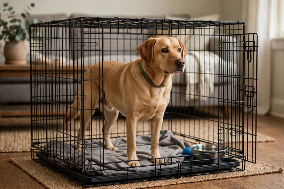Dog standing comfortably inside a properly sized wire crate showing correct crate fit