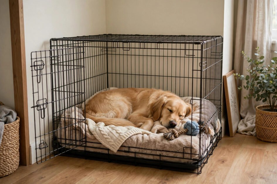 Calm dog resting on a soft bed inside a kennel area in a quiet corner of a home