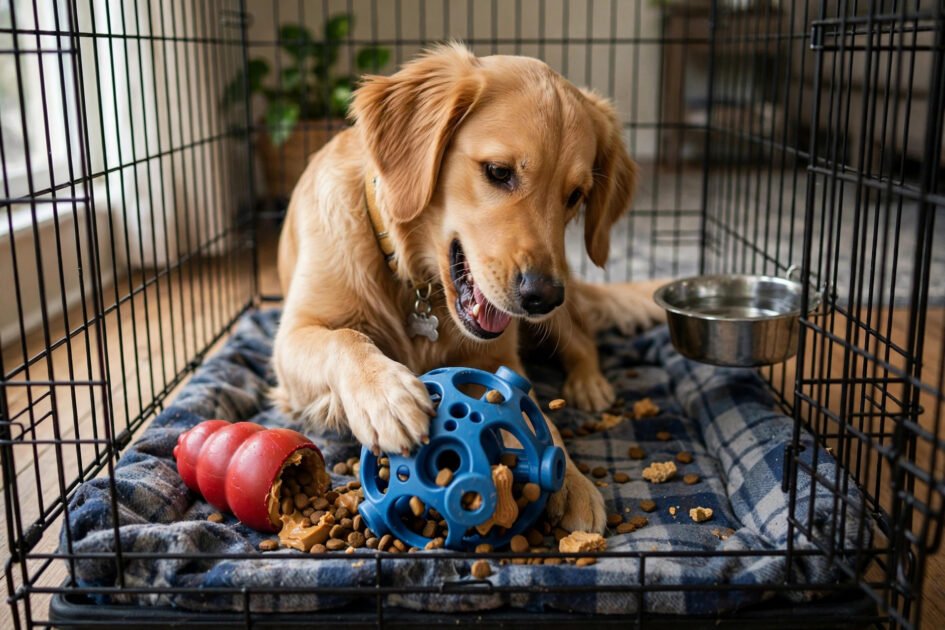 Dog playing with a stuffed kong toy and puzzle feeder inside a crate