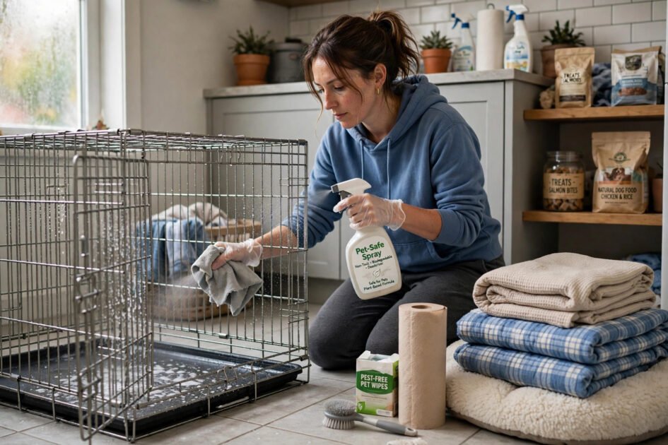 Person cleaning a dog crate with pet-safe spray and fresh bedding nearby