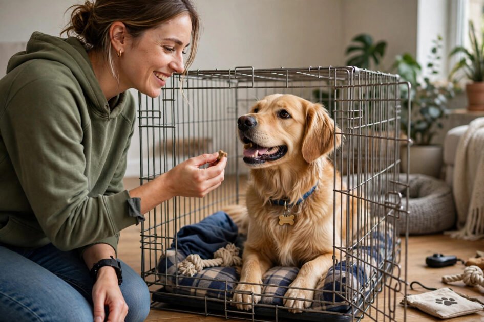 Owner rewarding a happy dog for entering a crate with a treat, positive training