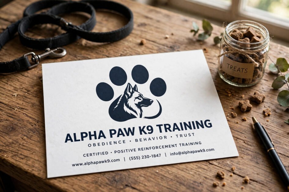Dog training logo idea showing a bold paw print combined with a dog silhouette on a business card