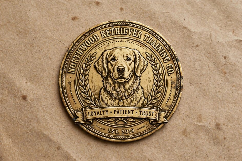 Vintage badge emblem dog training logo idea with a retriever illustration and ribbon banner