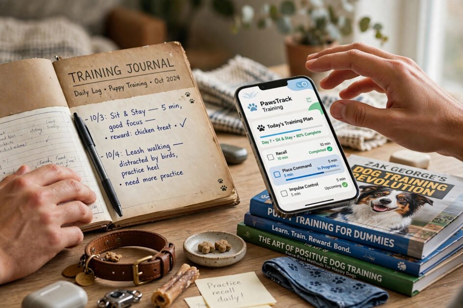 Hands choosing between a paper training journal and a smartphone training app on a desk