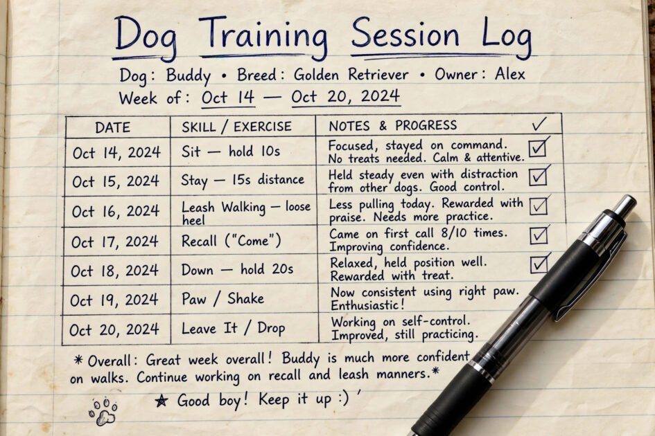 Close-up of a handwritten dog training session log with dates, skills and checkmarks