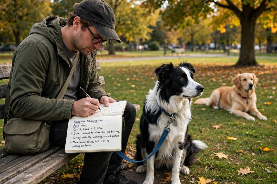 Dog owner writing behavior observations in a notebook at the park while a leashed dog stays calm