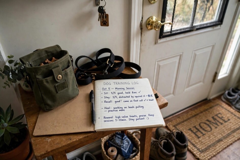 Dog training notebook and pen on a small table by the front door with leash and treat pouch