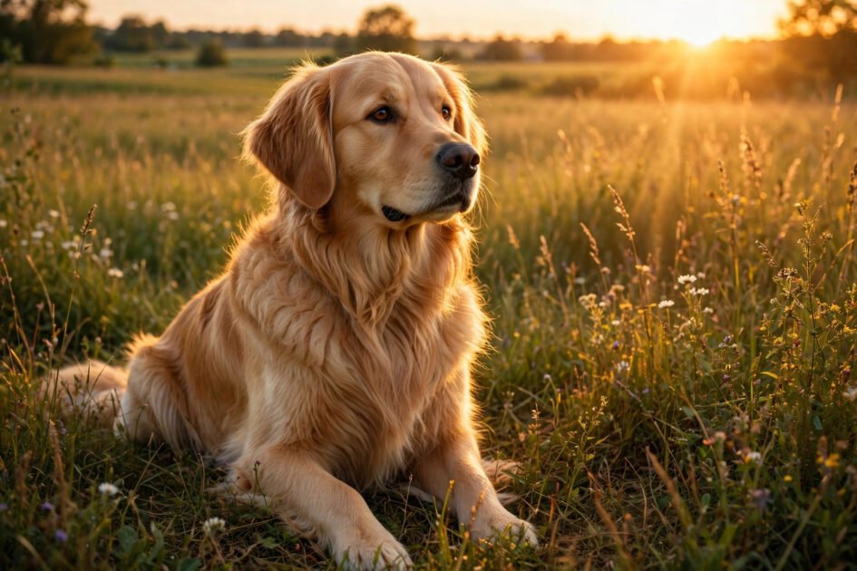 Golden retriever sitting in warm golden hour sunlight during a dog training photography session