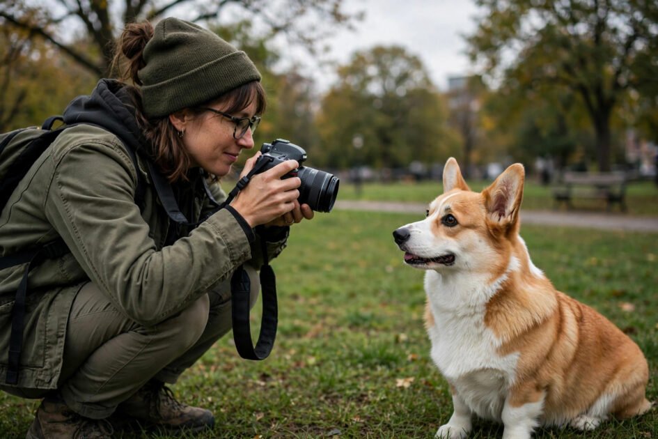 Photographer crouching at eye level with a corgi during a dog training session in a park
