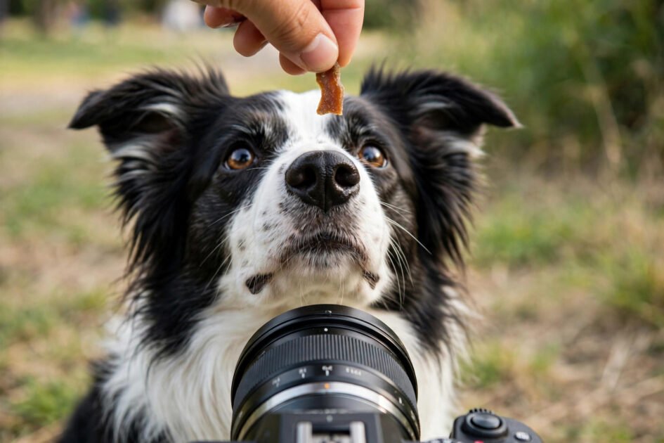 Border collie staring intently at a treat held above a camera lens