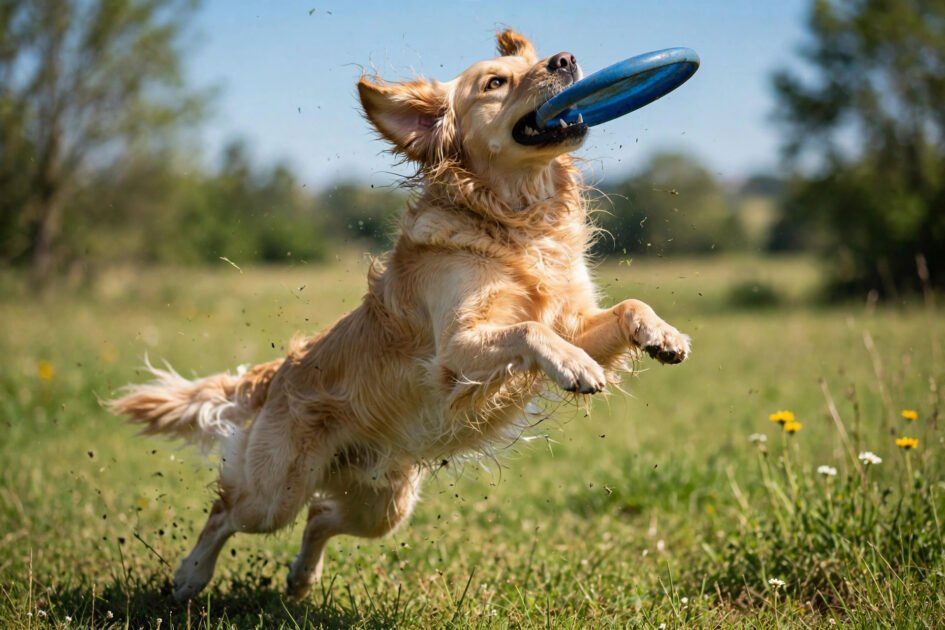 Dog mid-jump catching a frisbee in a frozen action shot during training