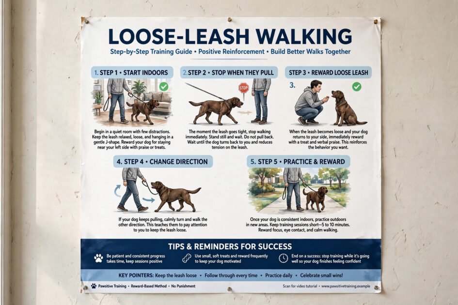 Instructional poster showing step-by-step loose-leash dog training techniques on a wall