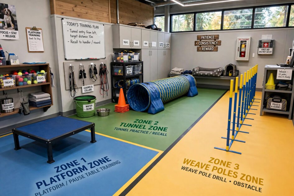 Dog training room divided into zones with a platform, tunnel and weave poles