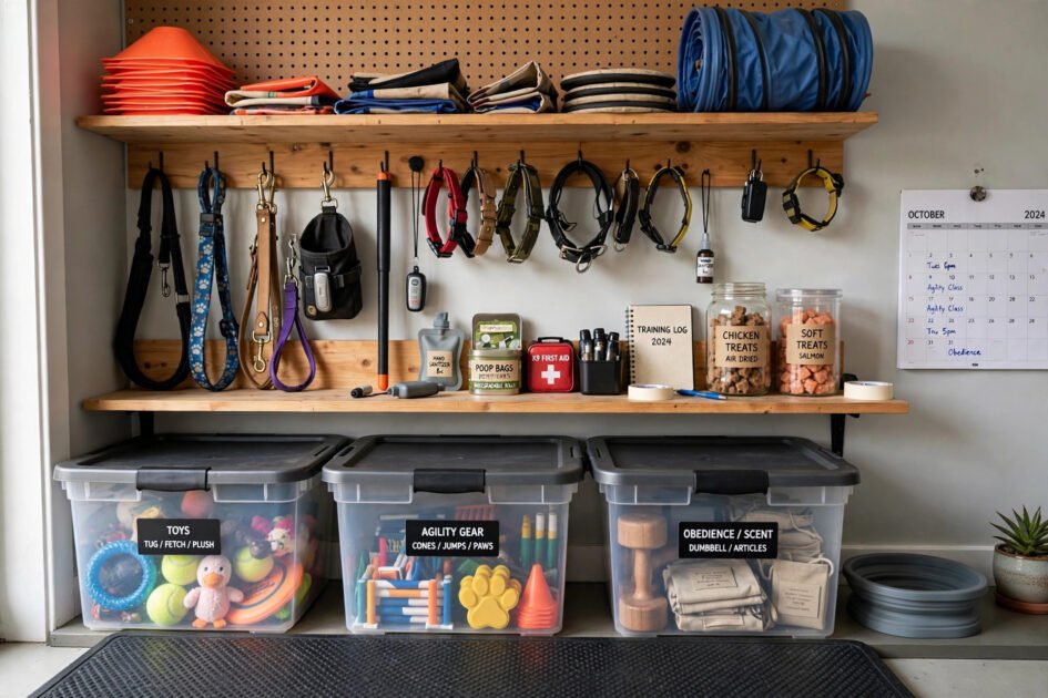 Neatly organized dog training gear on wall shelves and storage bins in a training room