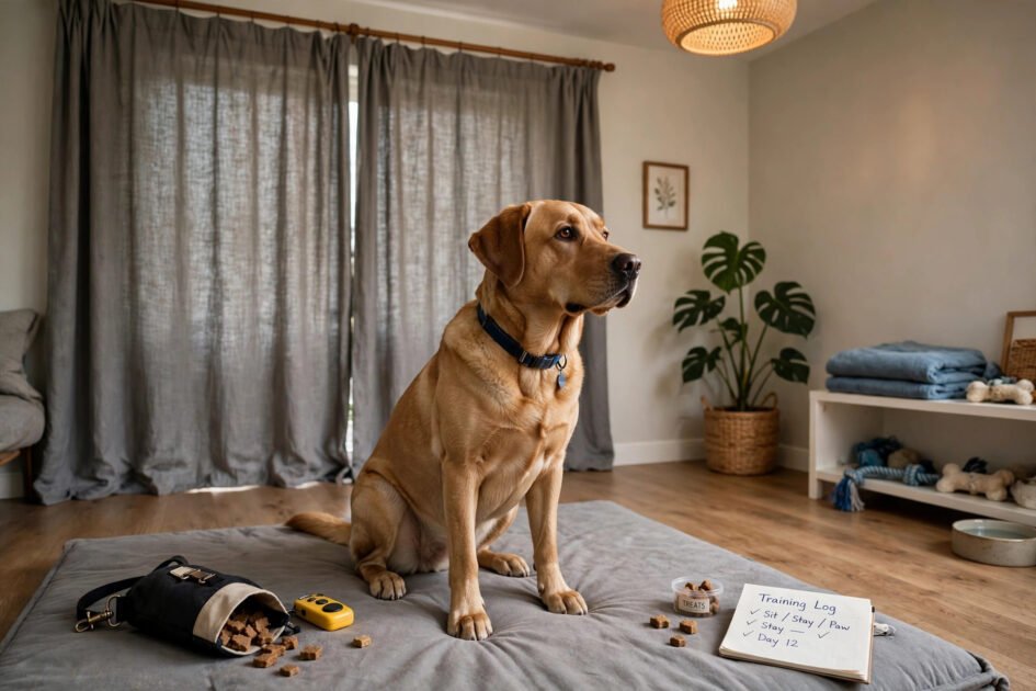 Calm dog training in a quiet well-lit indoor room with curtains closed