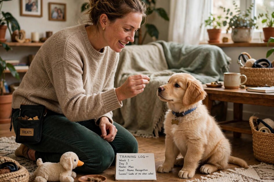 Trainer teaching a young puppy name recognition with treats in a cozy home during the first week of training