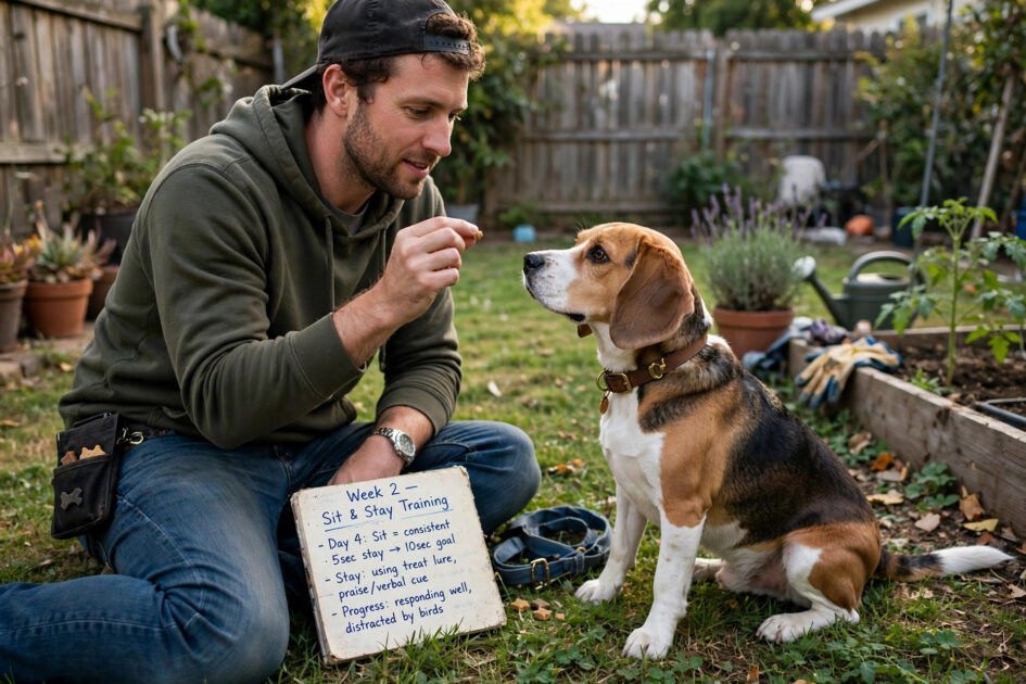 Beagle learning sit and stay commands with its owner in a backyard during the second week of training