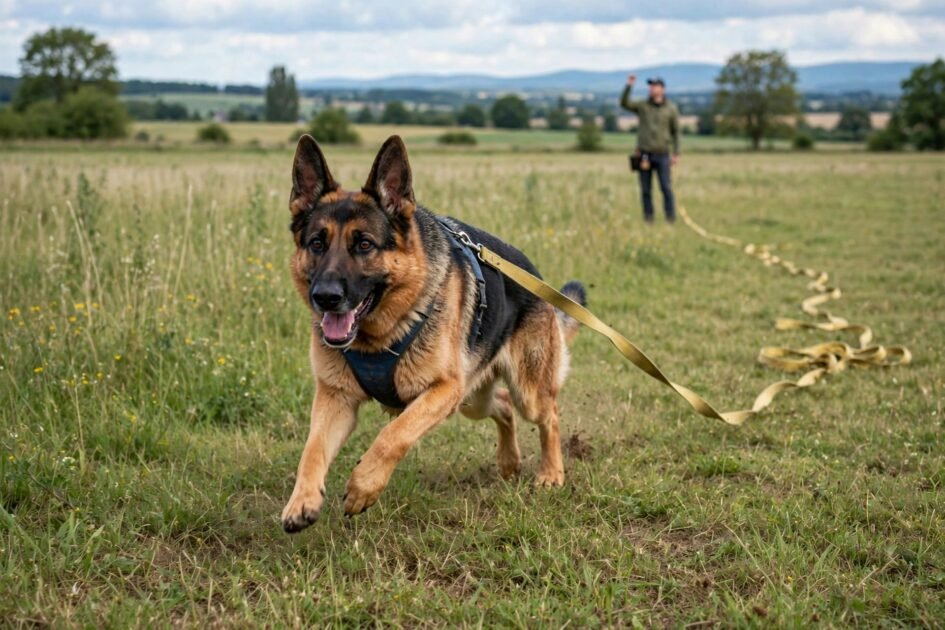 German shepherd practicing long-distance recall with a long leash in an open field