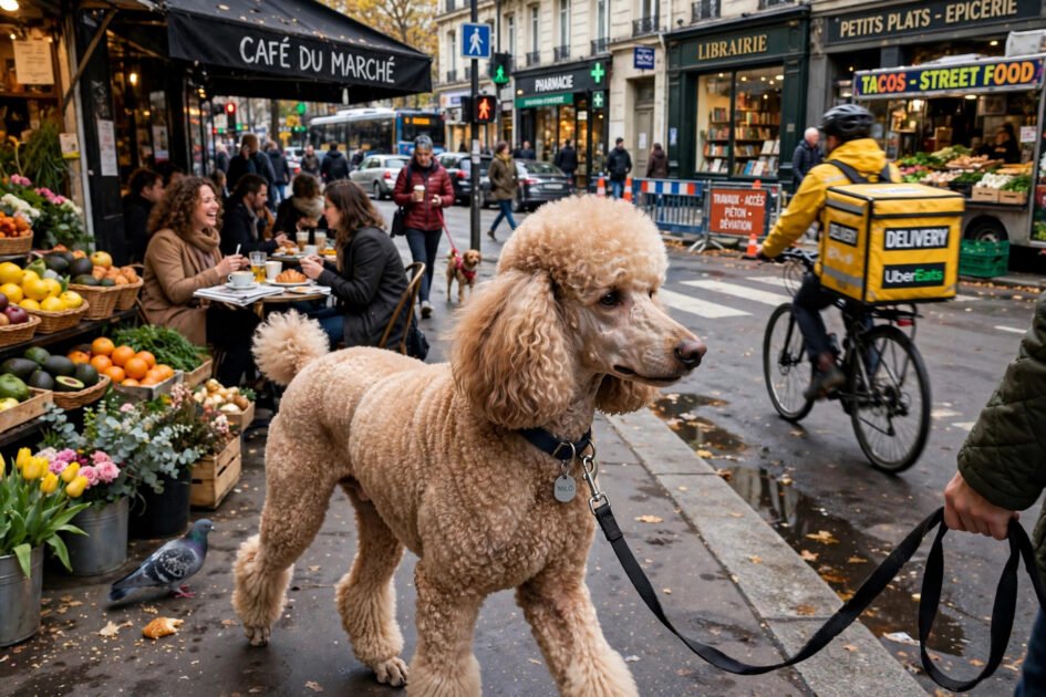 Well-trained poodle walking calmly on a loose leash through a busy city street with distractions