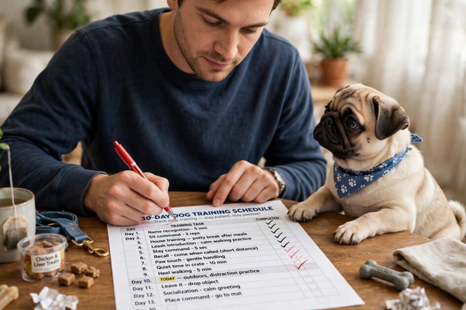 Person checking off today's box on a printed 30-day dog training schedule with a red pen, a pug puppy beside them