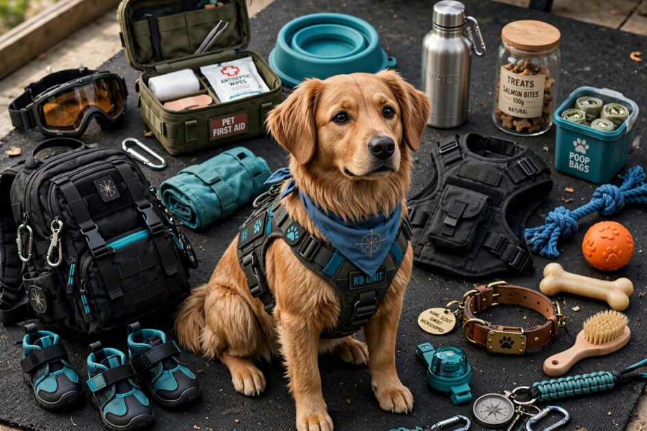 Stylized 3D video game dog surrounded by a collection of custom pet accessories and gear