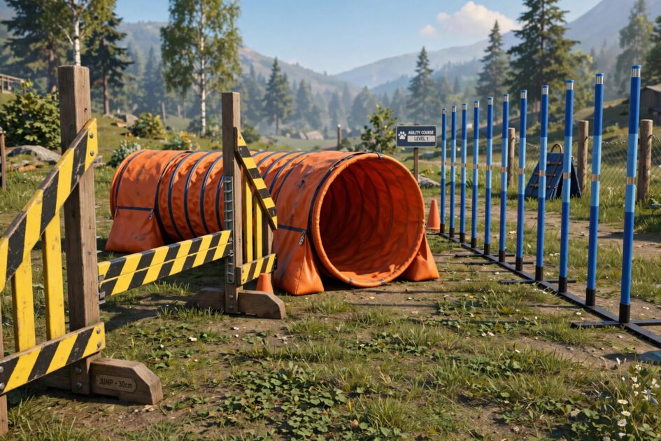 3D video game style dog agility equipment set with jumps, tunnels, and weave poles