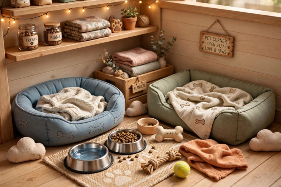 Cozy 3D video game style pet corner with cute dog beds, bowls, and blankets