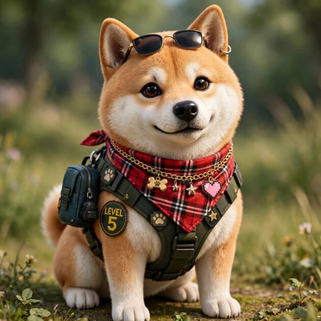 3D video game style dog wearing a cute bandana and stylish accessories, pet fashion