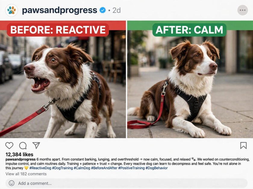 Split-screen before-and-after transformation of a reactive dog turned calm, styled as a social media post