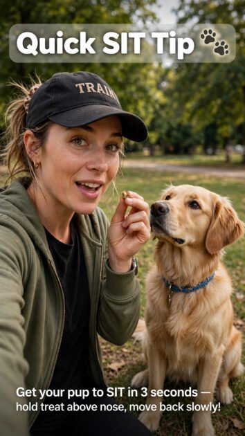 Dog trainer demonstrating a quick sit training tip to a camera for a social media reel