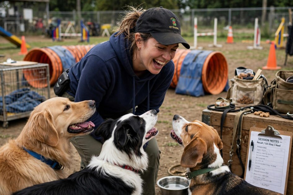 Candid behind-the-scenes moment of a dog trainer laughing with dogs during a training session