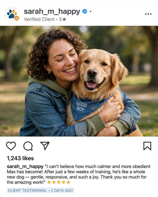 Happy client hugging their well-trained dog in a testimonial-style social media post