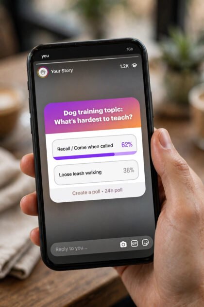Hand holding a smartphone showing an Instagram poll sticker about dog training topics