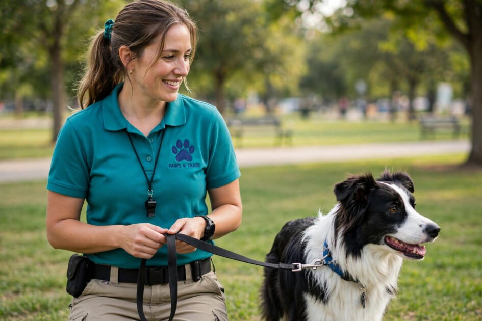 Female dog trainer wearing a branded teal polo shirt with embroidered paw logo beside a border collie