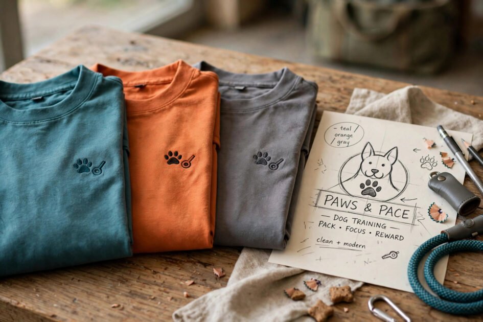 Folded dog trainer uniform shirts in teal, orange, and gray brand colors with a logo sketch
