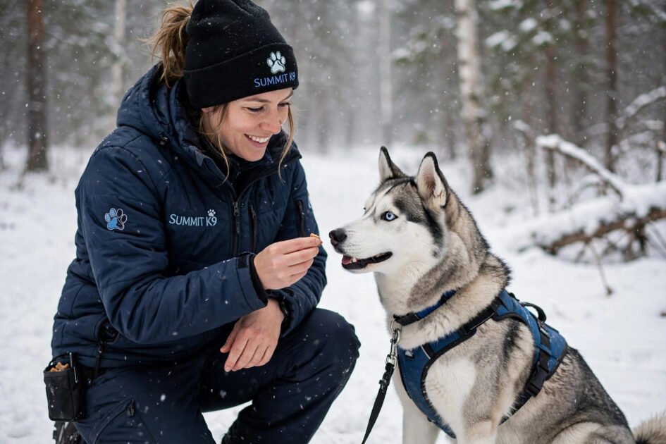 Dog trainer in a branded winter jacket and beanie training a husky in light snow
