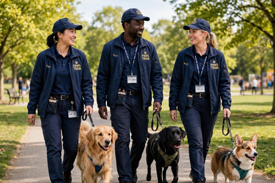 Three dog training staff in matching branded uniforms walking dogs together in a park