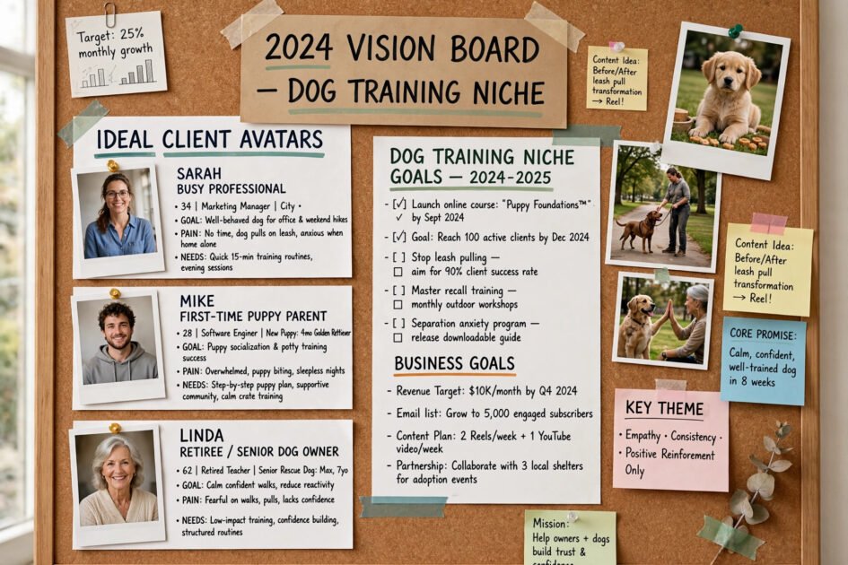 Vision board section showing ideal client avatars and dog training niche goals with photos