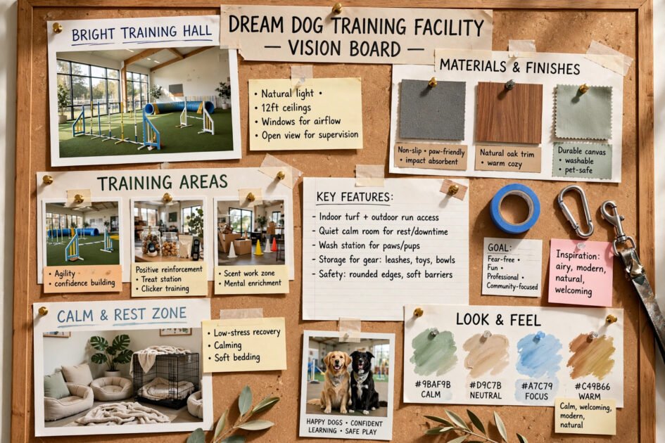 Dream dog training facility with a bright training hall, visualized as a vision board photo