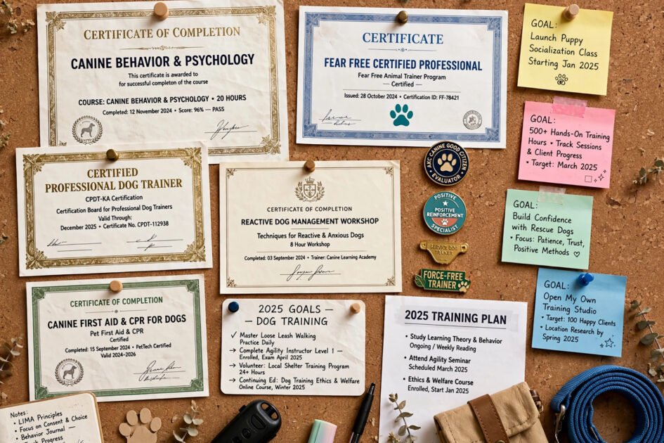 Dog training certification badges and course certificates arranged as vision board goals