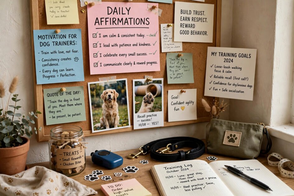 Inspiring vision board corner with daily affirmations and motivational quotes for dog trainers