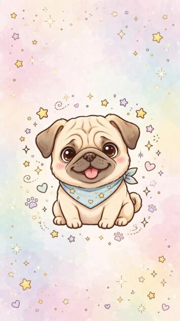 Cute illustrated pug wallpaper with stars on a pastel background for phones