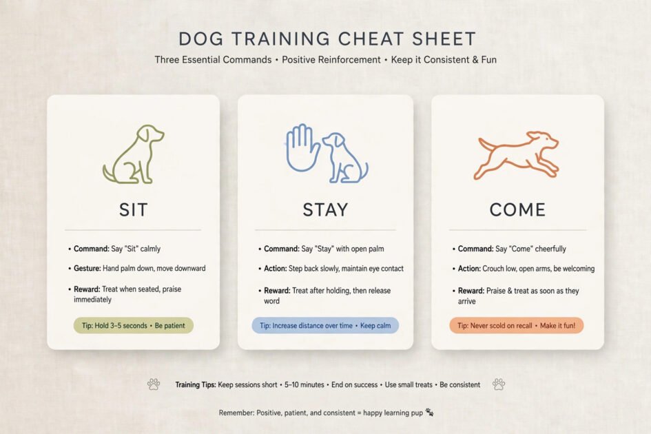 Desktop cheat-sheet wallpaper showing sit, stay and come training commands with icons