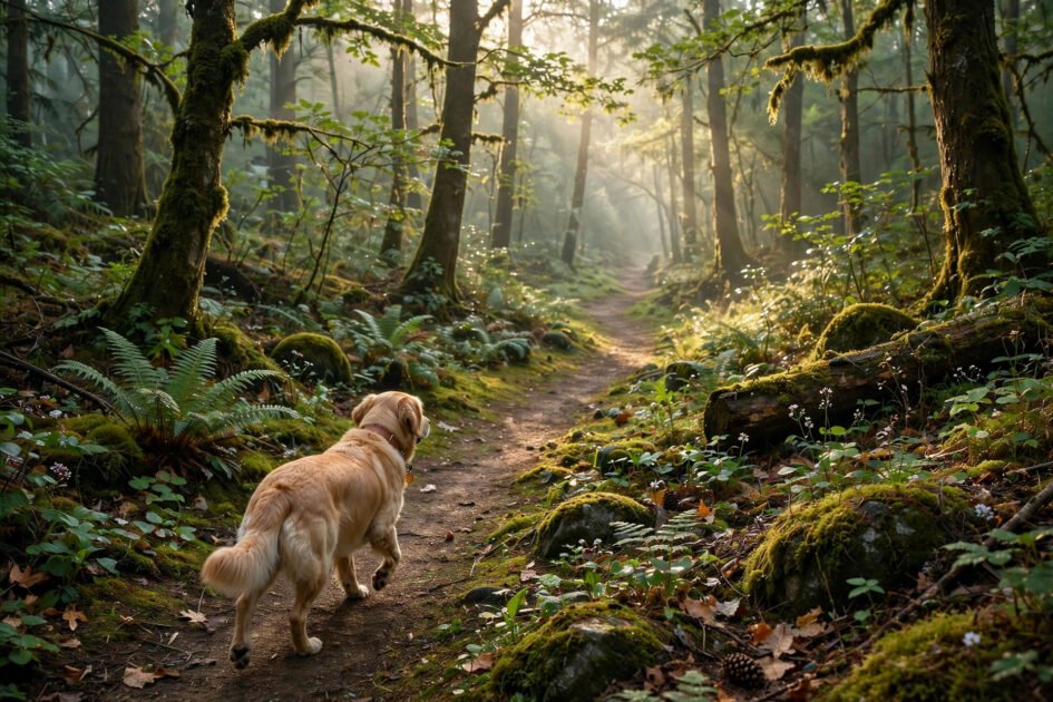 Calming nature-inspired desktop wallpaper of a dog walking on a forest path in morning light