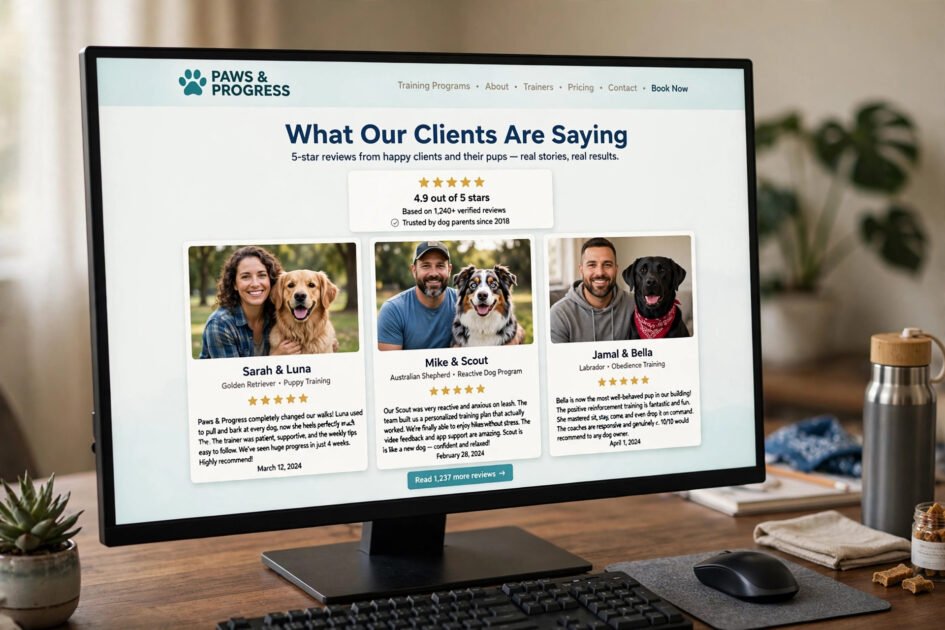 Dog training website testimonials section design idea with five star reviews and client dog photos