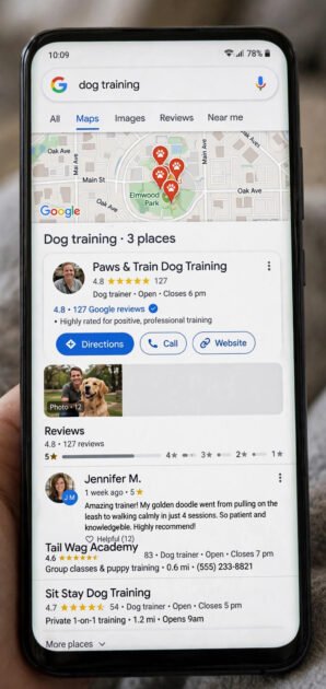 Local SEO design idea for a dog training website showing a Google business profile with map and reviews
